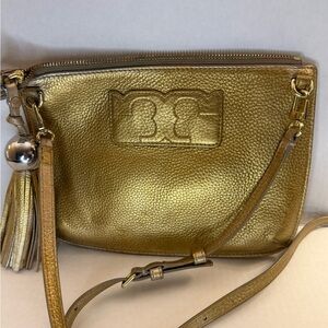 Tory Burch Metallic Gold Leather Clutch with Embossed Logo
